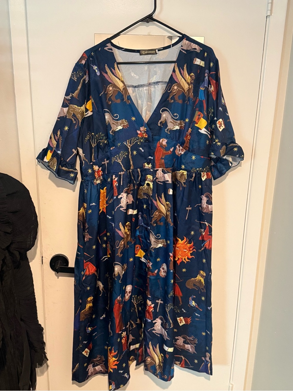CoraMoon Whimsigoth Mythical Navy Printed V-Neck Midi Dress Celestial Motif